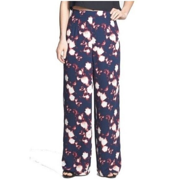 Tildon Navy Blue Floral Boho Flowy Wide Leg Side Zip Pant 4 - Picture 1 of 8